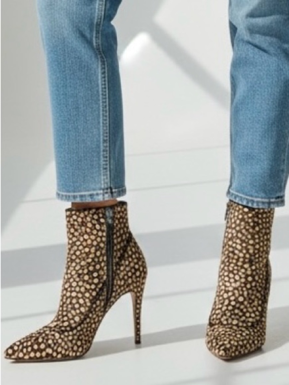 Alice + Olivia Calf Hair Ankle Boot, Stiletto Heel, Pointed Toe, Black/Cream, 36